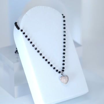 Swarovski Crystal black Beaded Chain Shinny Heart Pendant Necklace , Valentine's Day Gift For Her, Galentine's Day, Statement Necklace Cz